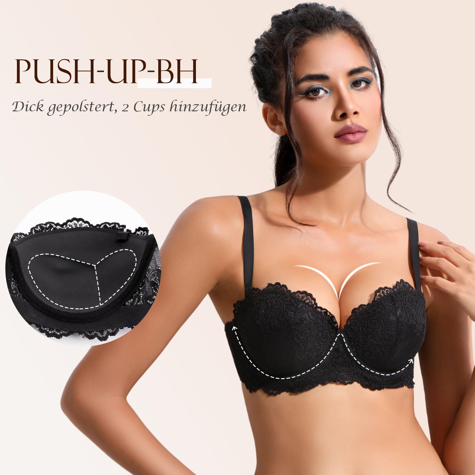 YANDW Trägerloser Stark Gepolsterter Push Up Spitzen BH mit Multiway Transparenten Trägern Trägerlos Damen Balconette BHS