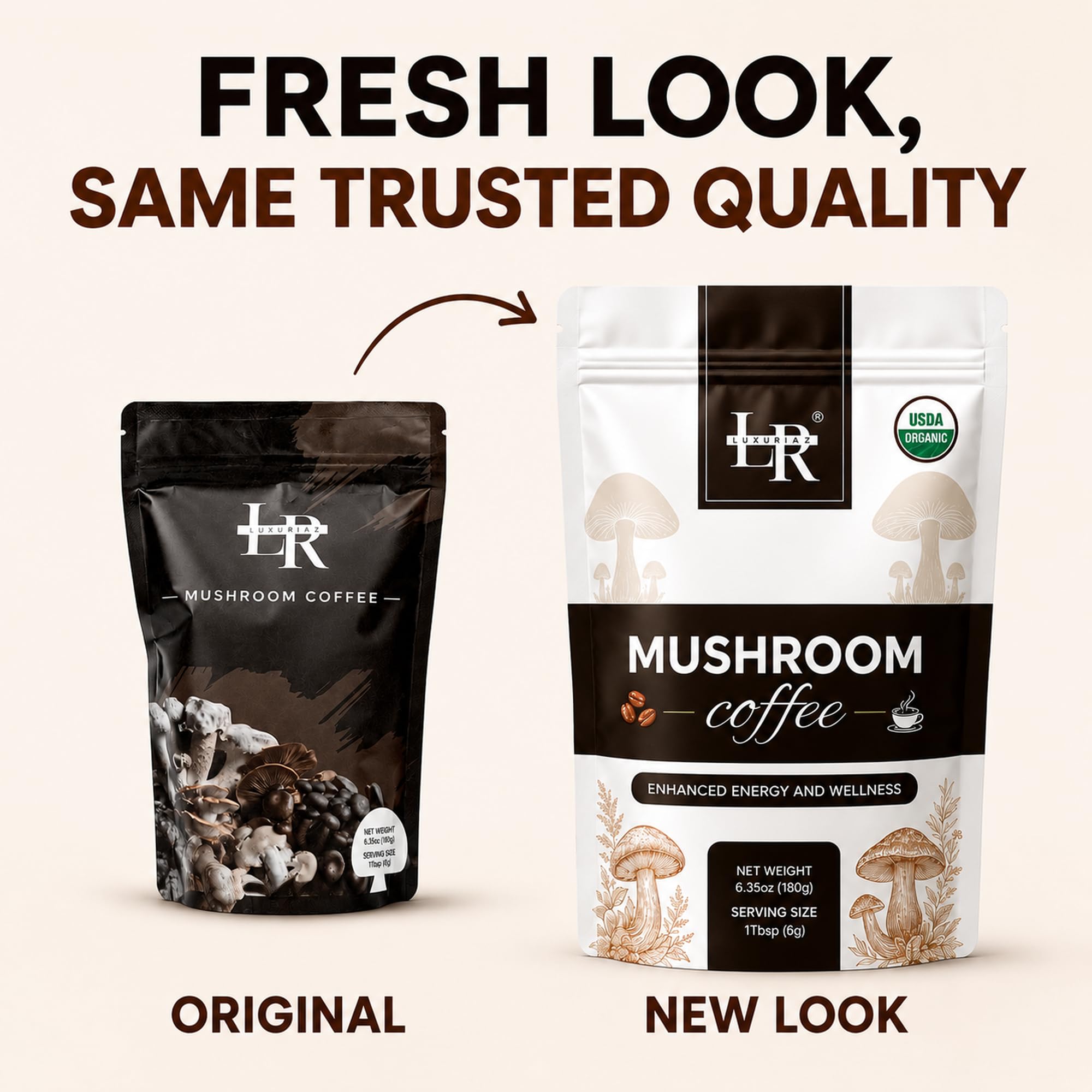 Luxuriaz Pilzkaffee, Bio 6 adaptogene Pilze (Löwenmähne, Reishi, Cordyceps, Chaga, Truthahnschwanz, Shiitake) für Immunität, Fokus und Energieunterstützung, perfekte Kaffee-Alternative, 30 Portionen