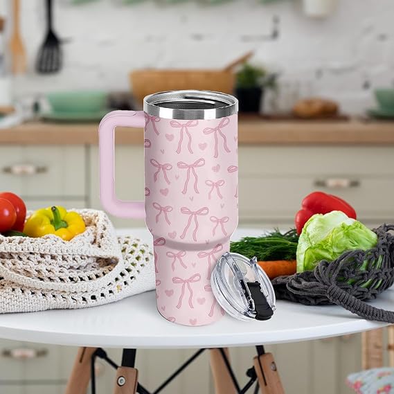 Bow Tumbler 40 oz with Handle - Cute Pink Water Bottle, Coquette Insulated Cup - Leak Proof Tumbler for Girls, Teen Girls - Girly Christmas Gifts for Her