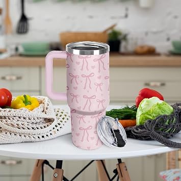 Bow Tumbler 40 oz with Handle - Cute Pink Water Bottle, Coquette Insulated Cup - Leak Proof Tumbler for Girls, Teen Girls - Girly Christmas Gifts for Her