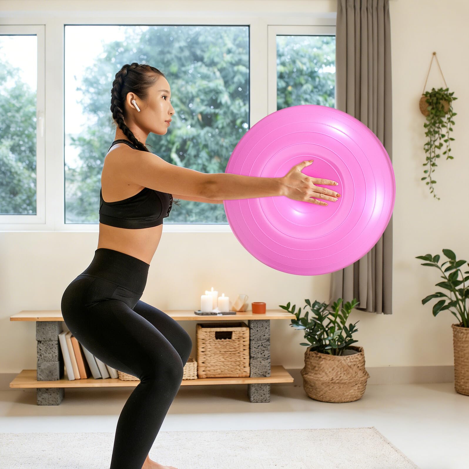 Beaupretty 50cm Rosa Anti Burst Yoga Hilfsball aus PVC mit Luftpumpe Donut Förmiger Balanceball für Yoga und Stretching Zuhause