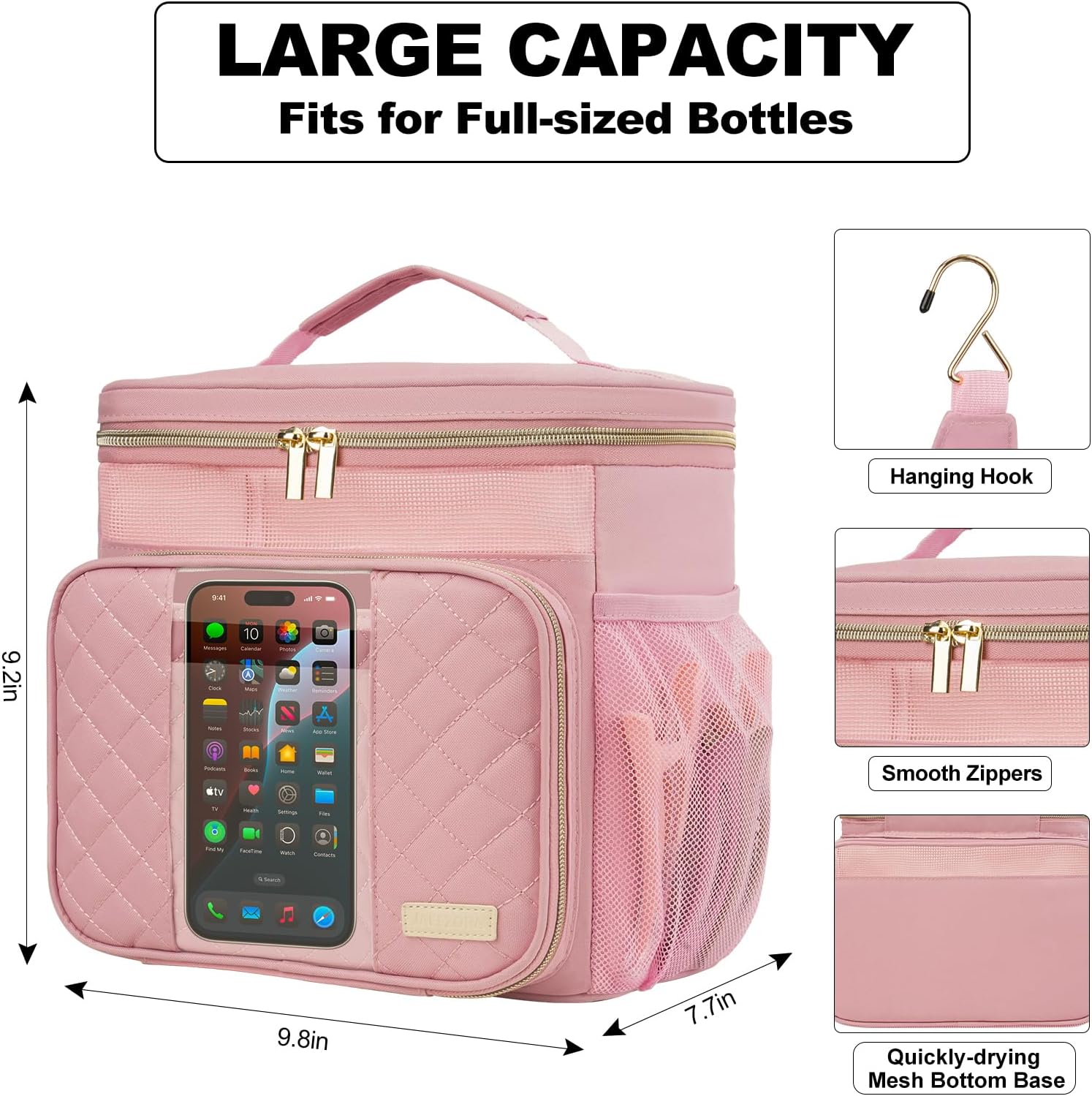 Portable Shower Caddy (Full Size Bottle Compatible),Travel Shower Tote Bag with Quick Dry Mesh Base,Hanging Toiletry Cosmetic Bag for Gym,College,Camping & Dorm, Pink - Image 7