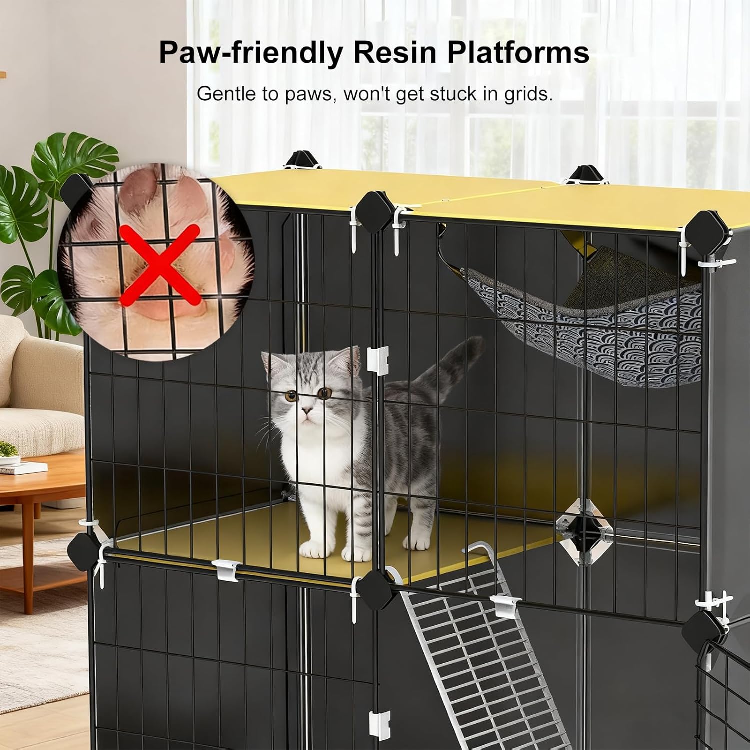 Large 3-Tier Cat Cage & Enclosure, Detachable Indoor Cat Playpen with Litter Box, Hammock & Scoop, DIY Metal Wire Kennel Kitten Crate House for 1-2 Cats, Ferrets, Small Pets, 28"x14"x42"