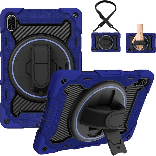 Compatible con Honor Pad X8b 11.0 pulgadas 2026, funda antichoque resistente de protección reforzada con correa de mano giratoria y correa para el hombro (azul oscuro)