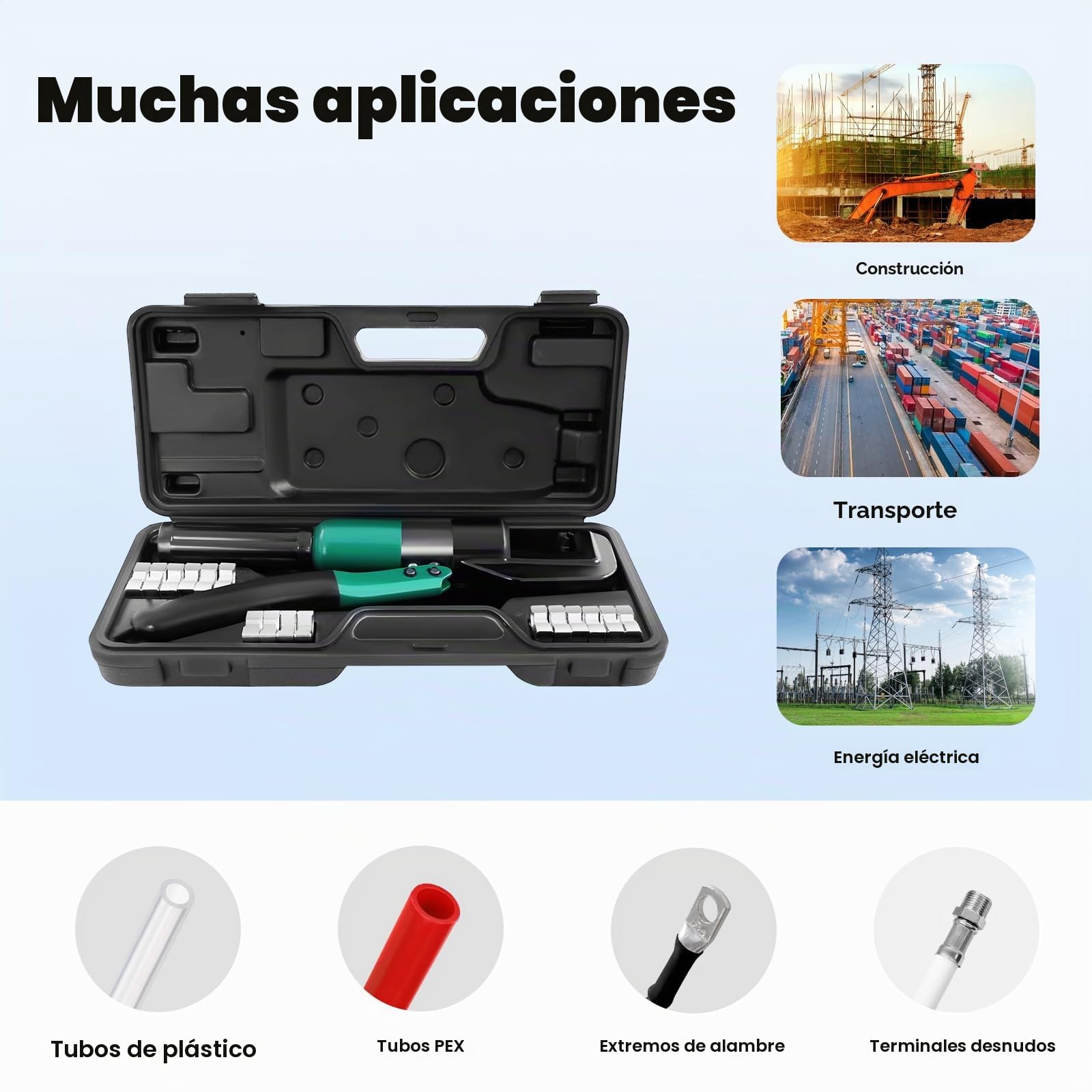 Juego de alicates de prensa hidráulicos y alicates profesionales para prensar tubos, crimpadora con cabezal giratorio de 360° y 8 matrices (4-70 mm²), herramienta de presión para tubos de aluminio