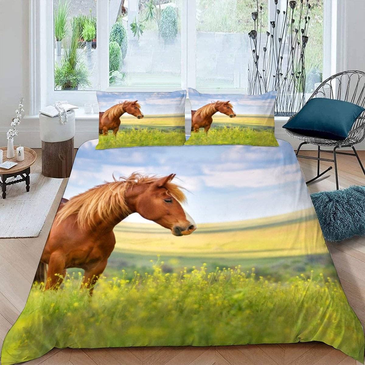 RFFLUX 3D Horse Super king size Duvet Cover Sets 3 Pieces 220x260 Soft Microfiber Brown Horse Quilt Cover with Zipper Closure Easy Care Bed Set with 2 Pillowcase for Adults Room Decor — image 1