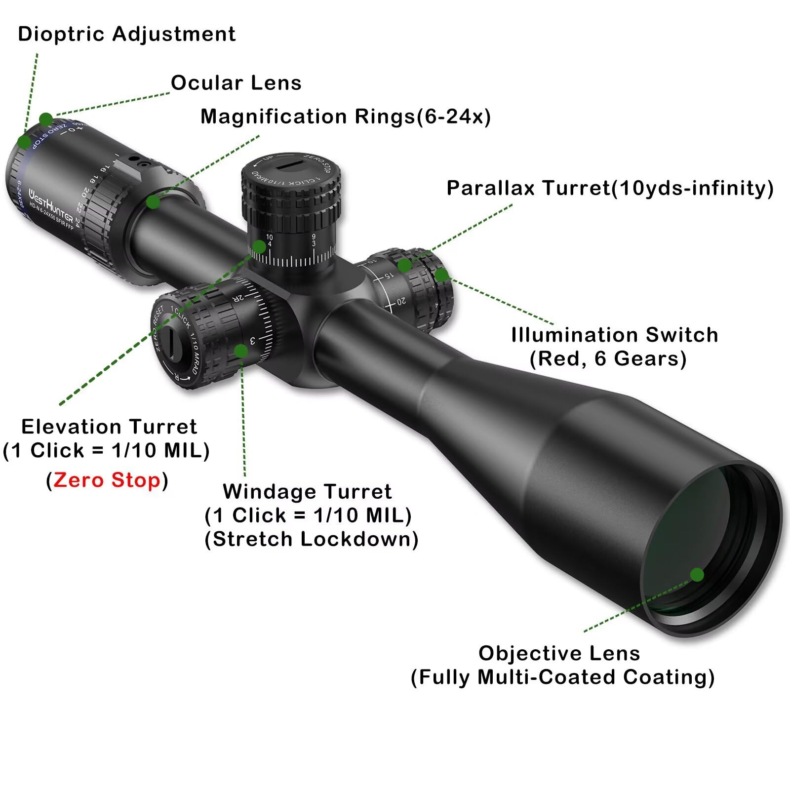 WestHunter HD-N SFIR FFP Zero Stop Mira Telescópica, Tubo 30mm, Primer Plano Focal, Retícula Vidrio Grabado Iluminada, Precisión 1/10 MIL - Indicado Únicamente para Actividades Deportivas