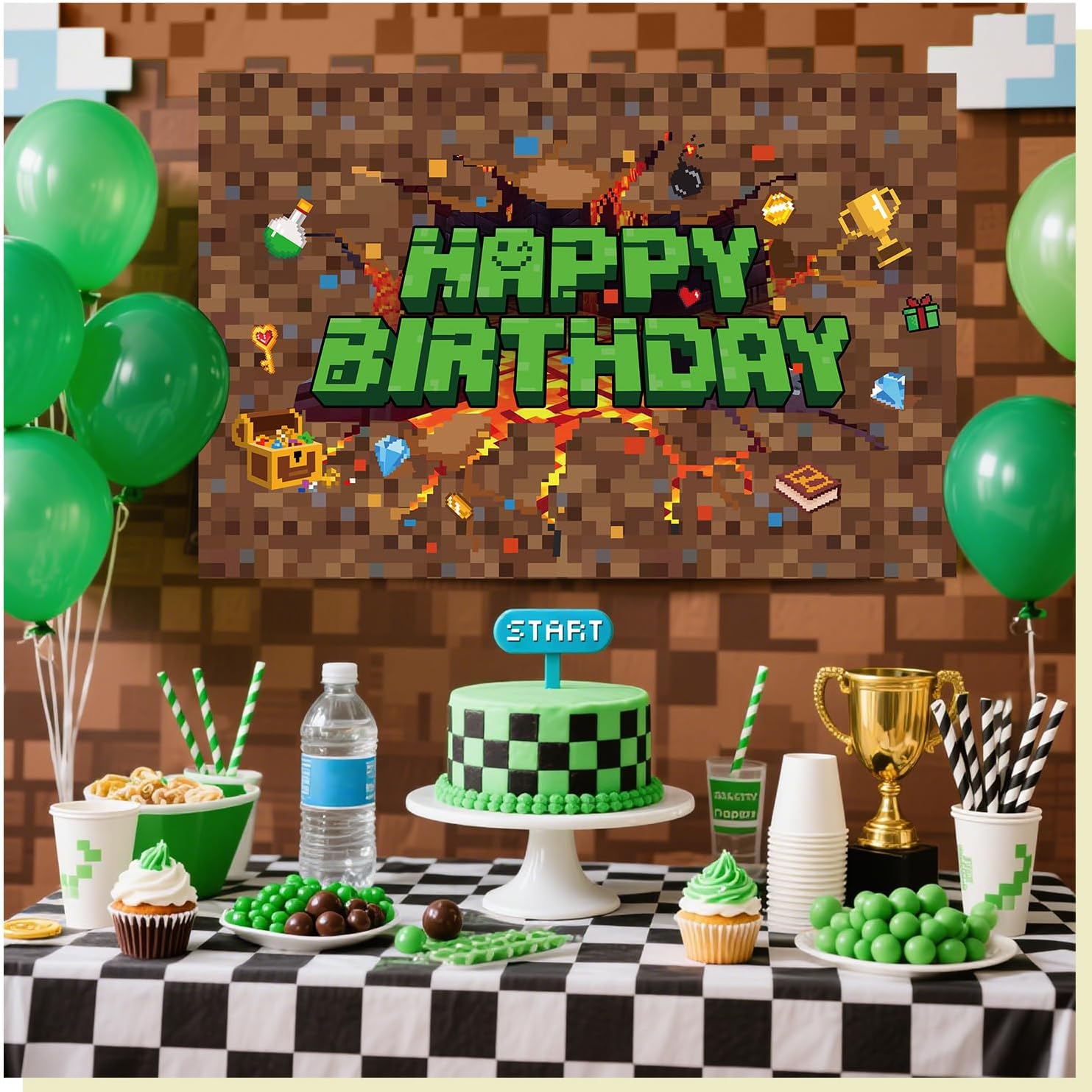 Pixel Birthday Decorations, 5x3 ft Happy Birthday Banner Backdrop for Miner TNT & Pixel Themed Celebration Kids Boys Game Party Supplies (Pixel Brown) thumbnail