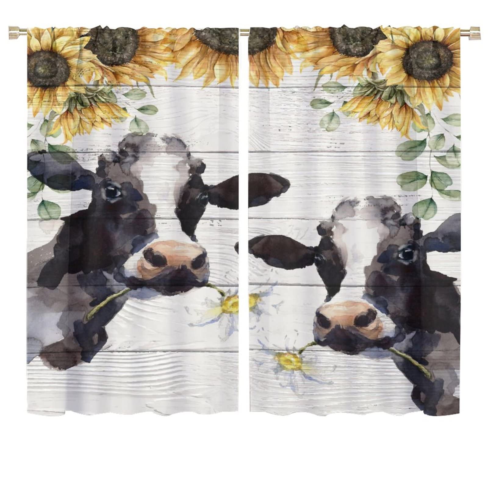 JESTRONRY Cow Window Curtains, Funny Farmhouse Animal Flowers Sunflower Room Darkening Curtain for Living Room Bedroom Kitchen Bathroom W72xL63in