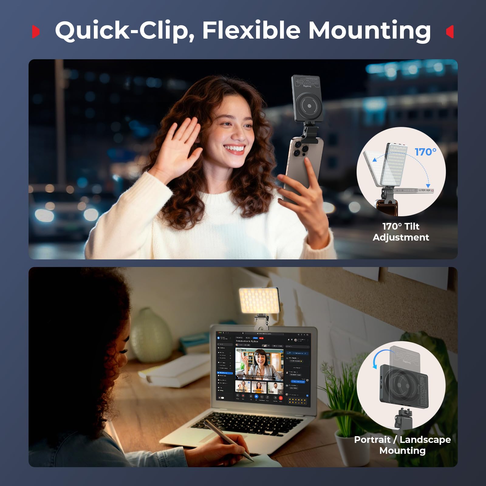SMALLRIG M3 Luce LED Video Magnetica per Selfie con Clip, 120 LED 2000mAh Ricaricabile CRI90+, 2700K-6500K, Illuminazione di Riempimento Portatile con Clip per iPhone, iPad, Fotocamera/Laptop - 5505