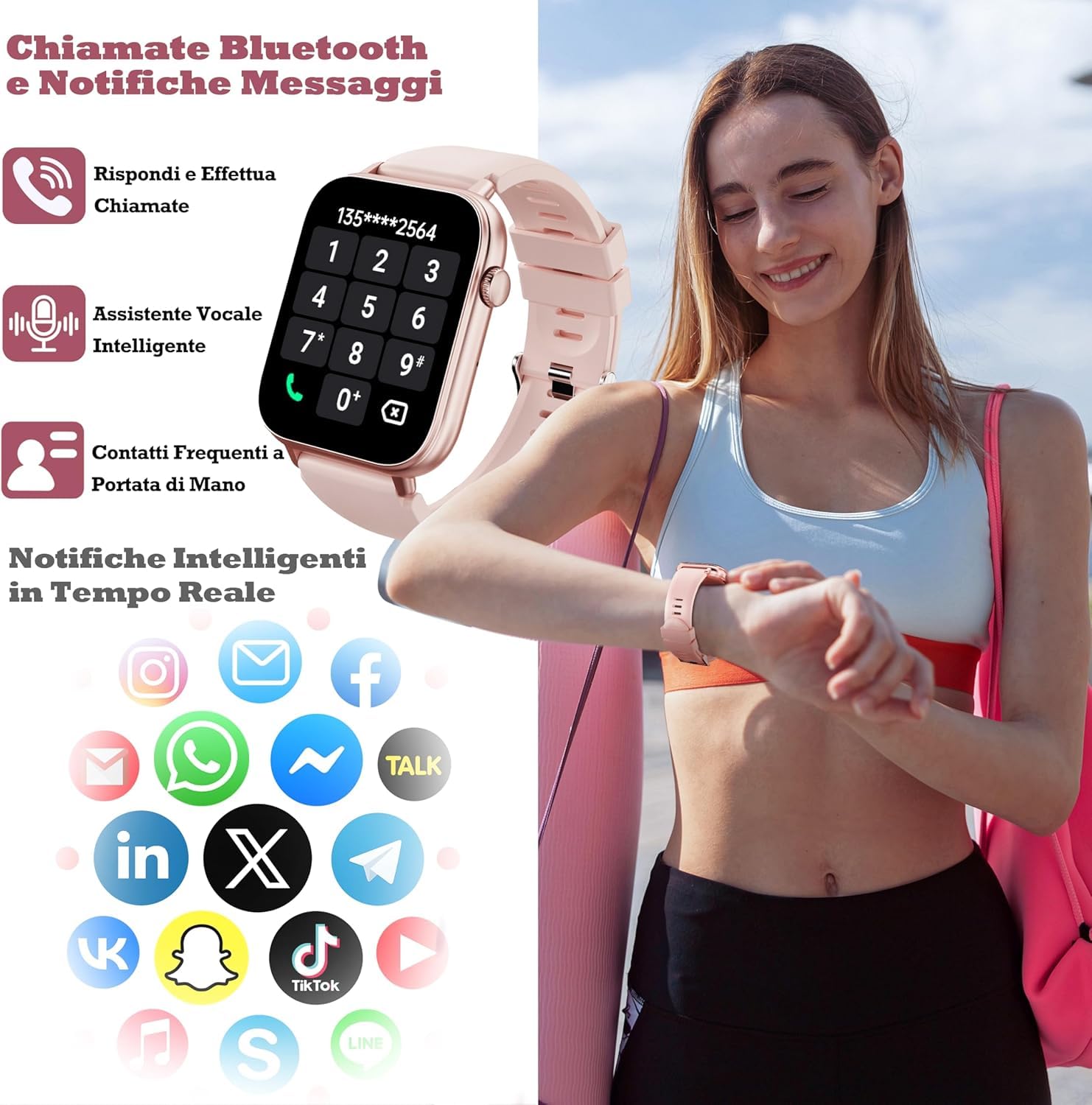 OUKITEL Smartwatch Donna Rosa 1.83" HD, Orologio Intelligente con Chiamate Bluetooth, 100+ Sport, Cardiofrequenzimetro, SpO2, IP68, Controllo Musica/Foto, Notifiche, Fitness Tracker per Android iOS