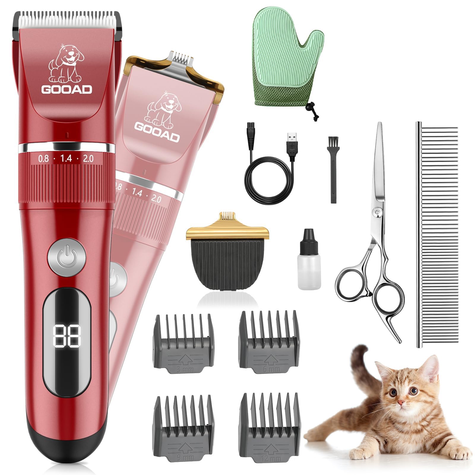 Gooad Cat Grooming Kit, Cat Clippers for Matted Hair, Cordless Cat Shaver for Long Hair, Low Noise Paw Trimmer, Cat Hair Trimmer for Grooming,Quiet Pet Hair Clippers Tools for Cats Dogs (Red)