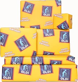 Funny Wrapping Paper - Oldi Wrapping Paper - 6 Sheets of Gift Wrap - 'Happy Birthday Oldi' - Blue Yellow - For Husband Wife - Mum Dad - Recyclable - By Central 23