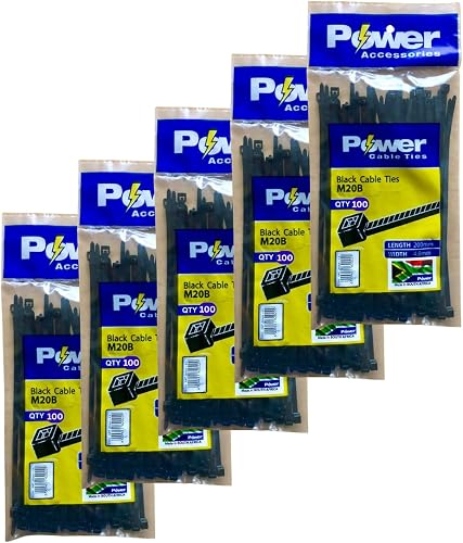 Power Accessories Black Cable Ties, M20B, 200mm x 4.8mm, 100 Pack per Bag, 5 Bags