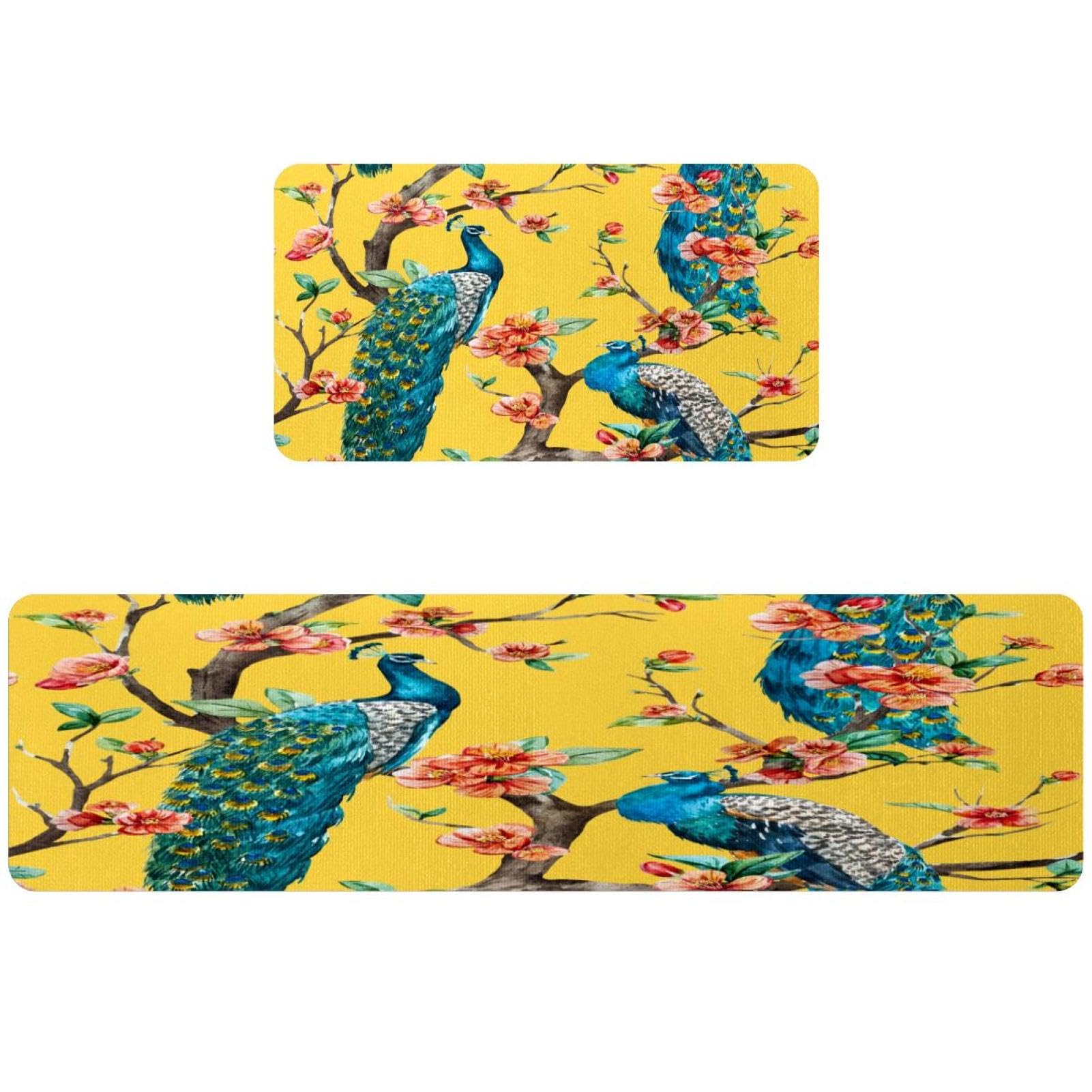 Alfombrillas de cocina antideslizantes lavables VAPOKF de pavo real acuarela