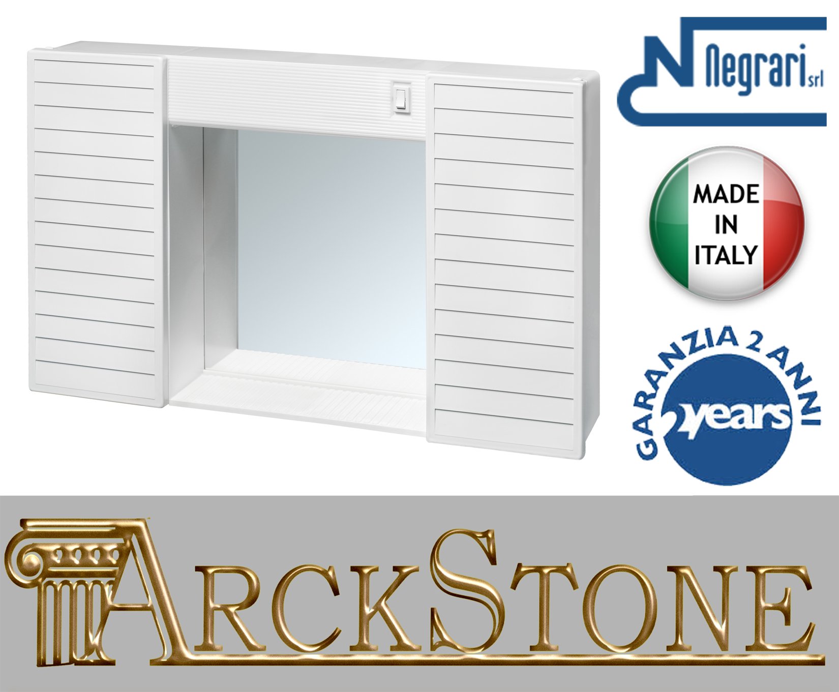 Negrari Specchiera Specchio Pensile Simpaty Mobile Mobiletto Bagno Lavanderia Contenitore Ante Sospeso PVC Plastica Resina Interno Esterno Bianco Luce Interruttore 58x37x12cm L58 P12 H37 CM Economico