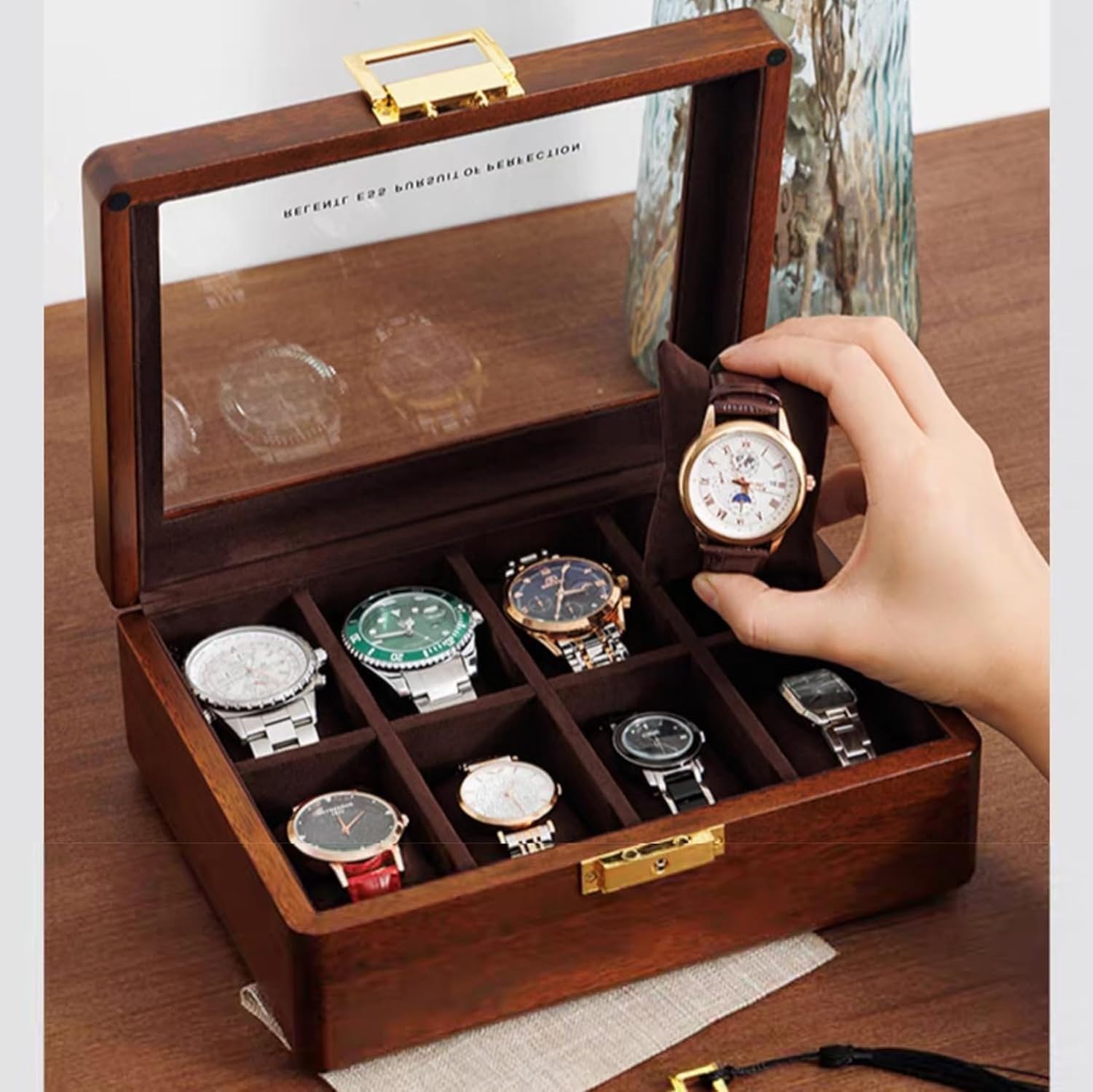 Astuccio Orologio in Legno Massello 8 Van Pietra con Coperchio in Vetro Noce Scatola Porta Orologi per Uomo Donna Custodia Da Tavolo, 8 Velluto marrone profondo slot, Legno di teak dorato massiccio