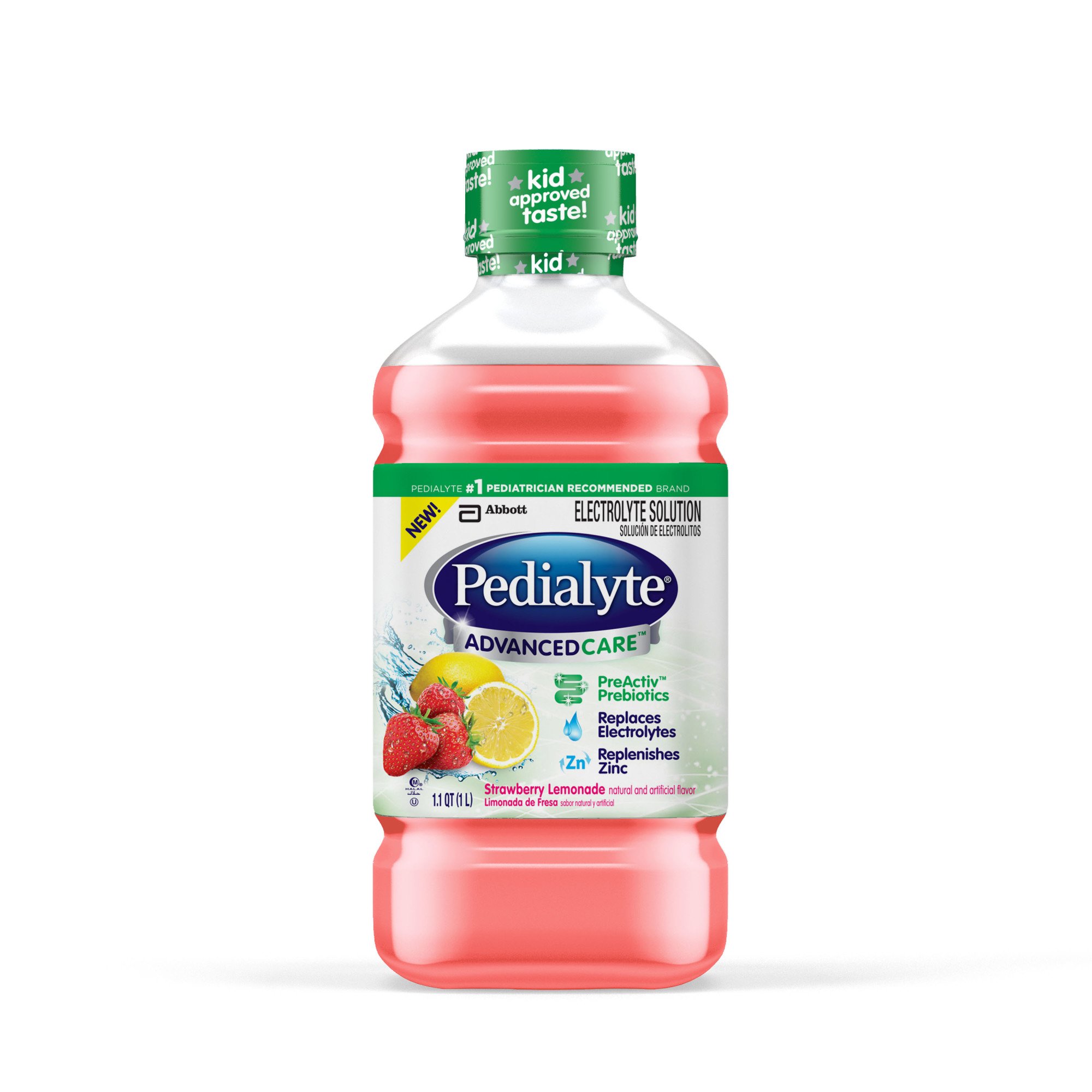 Pedialyte AdvancedCare Electrolyte Solution Has PreActivPrebiotics | Hydration Drink | Strawberry Lemonade, 1 Liter, Pack of 4