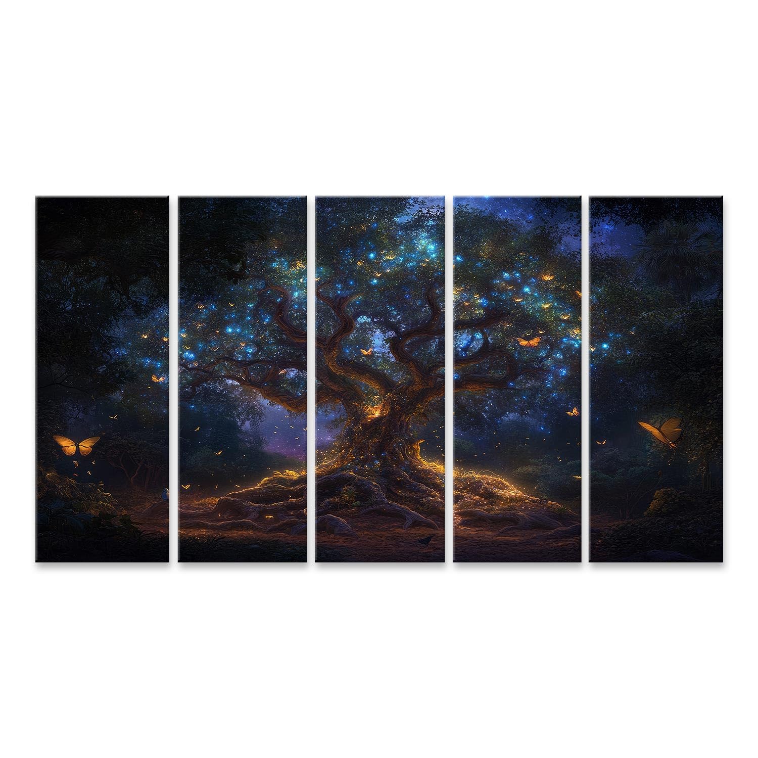 islandburner Primer cuadro sobre lienzo árbol mágico por la noche con luces azules y mariposas cuadros cuadros murales carteles