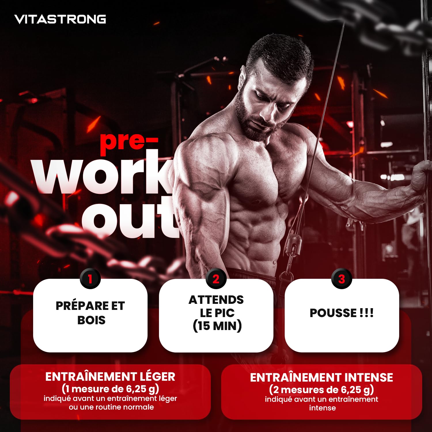 Pre Workout Booster Puissant 300g, Goût Orange, 24 Portions, Vitastrong | Vegan Preworkout, Vitamine B12, L Citrulline, Beta Alanine, Cafeine, Taurine, AstraGin