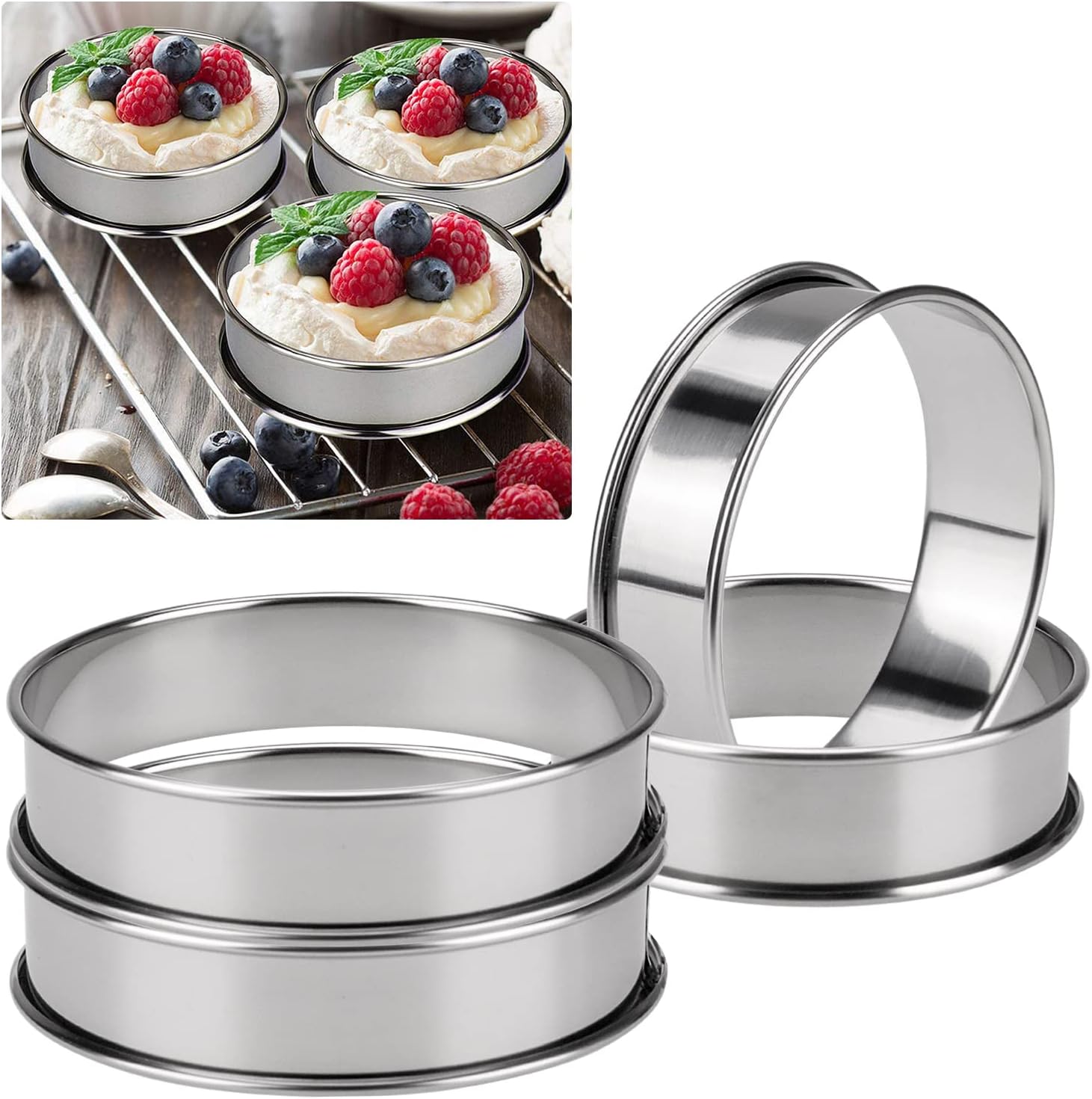 JETOHIX 4 pcs Crumpet Rings,Non Stick Double Rolled Tart Rings