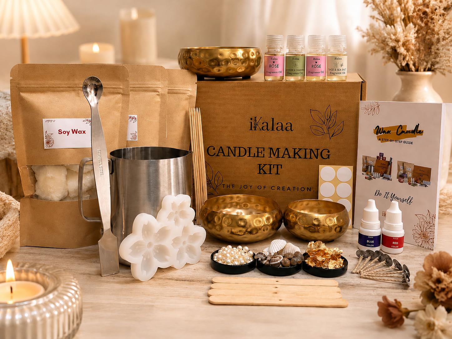 iKalaa® Golden Aura Candle Making Kit DIY Set with 500g Soy Wax, Cherry Blossom Mold, 3 Hammer Urli , Fragrance Oils, Liquid Colors, Wick Supplies & Decoration Accessories | Complete Candle Craft Kit for Adults & Beginners-image-13