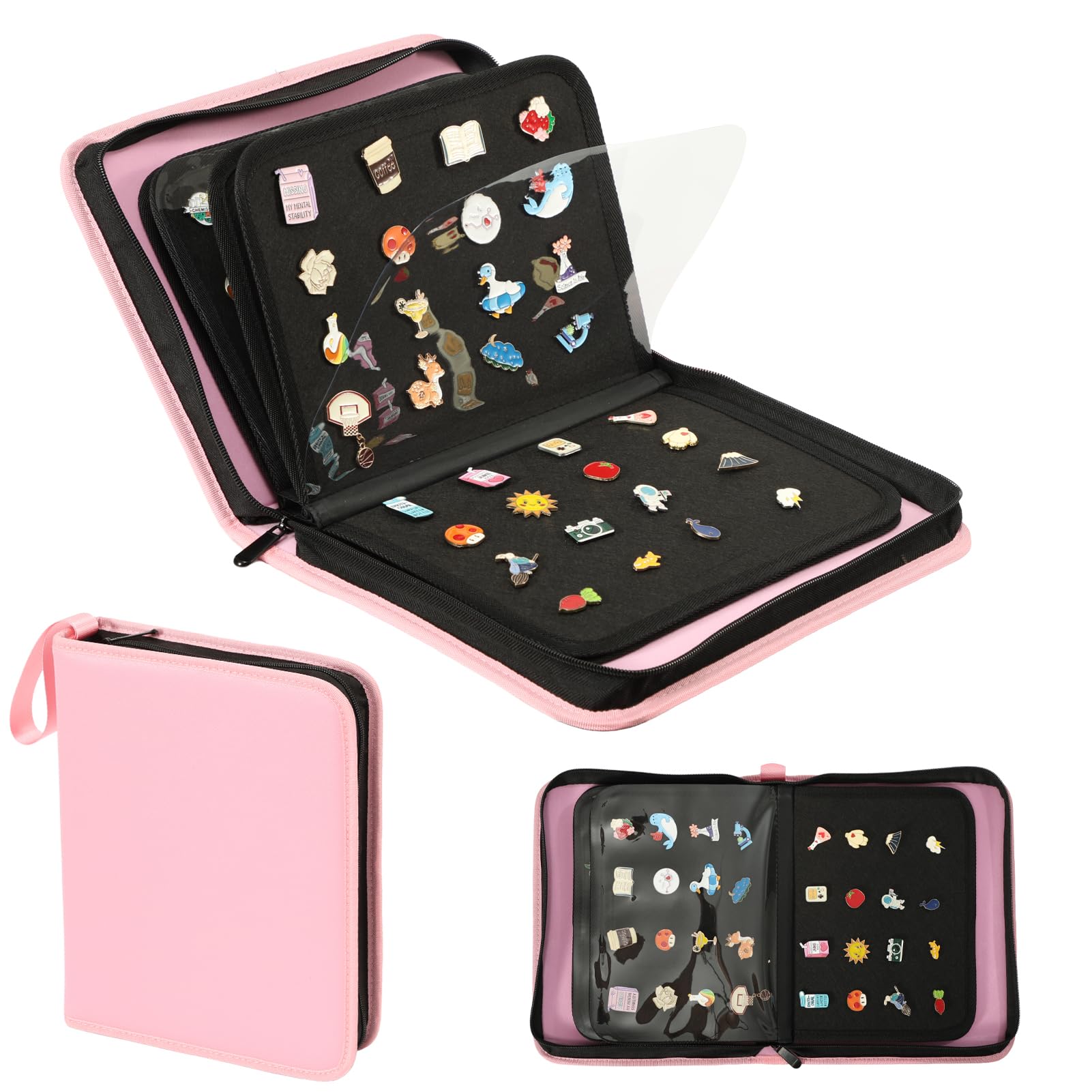 Oeun fan Enamel Pin Display Book, 6-Page Pin Trading Book, Portable Pin Bag and Pin Board (PU Pink)