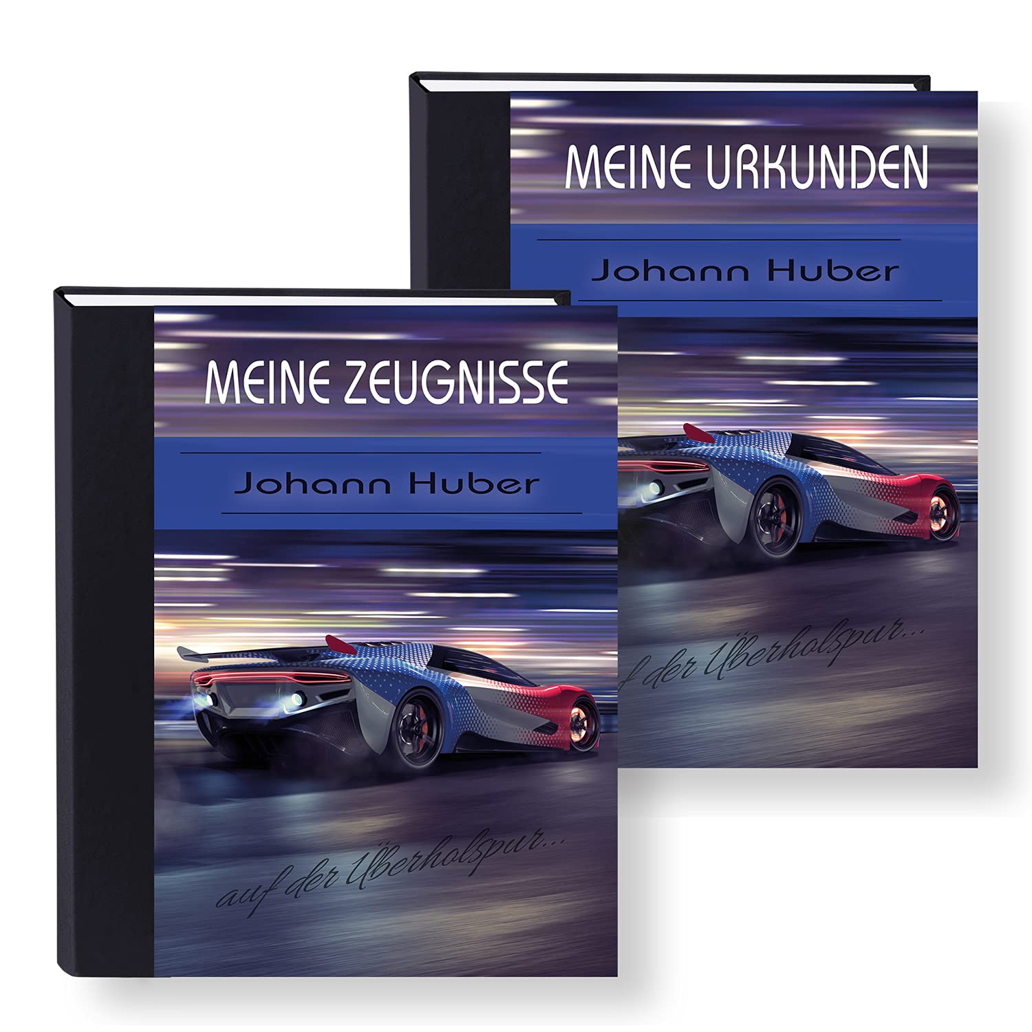 Zeugnismappe personalisiert High Speed A4 ca. 31x24 cm, lila blau, Zeugnisbuch Auto, Urkundenmappe Einschulung, Schulanfang