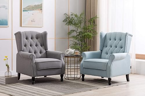 Miniatura 6 de Artechworks Silla moderna de tela alada, silla de club con brazo copetudo, sofá individual de lino con patas de madera, cómodo tapizado para leer,