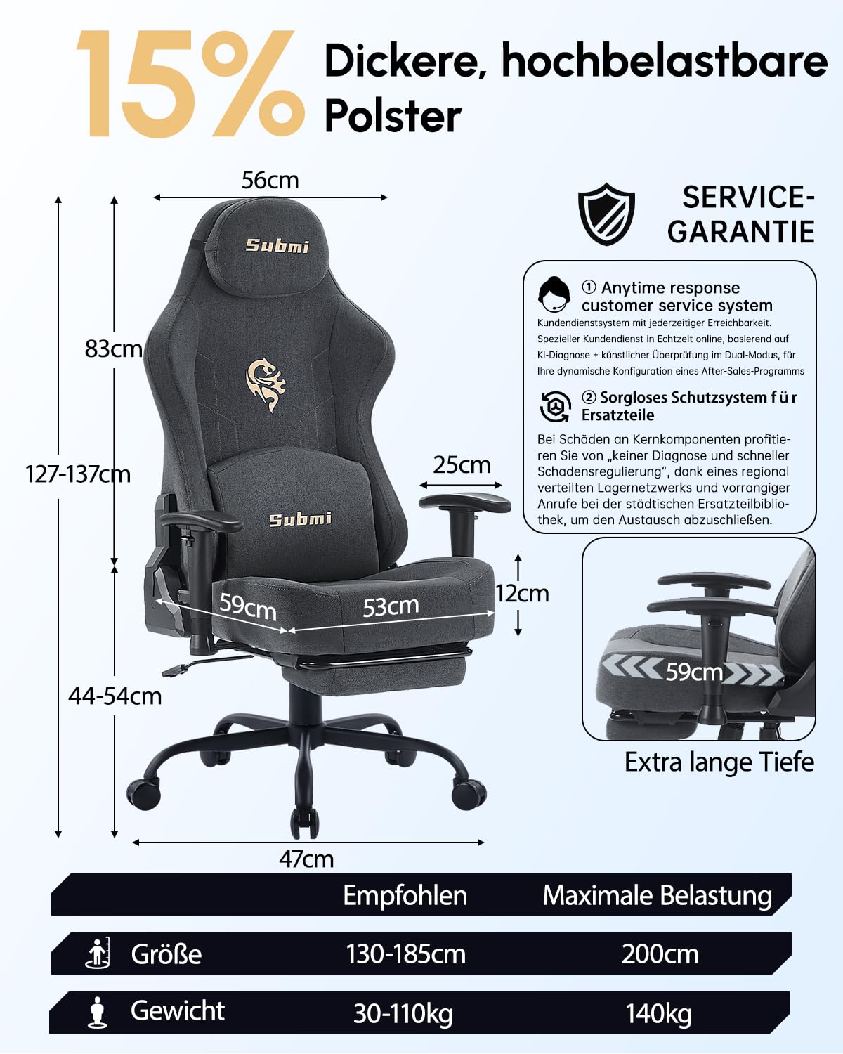 Gaming Sessel, Ergonomischer Stoff PC Gaming Stuhl, Gamer Stuhl mit Fußstütze, Gaming Chair mit Kopfstütze & Lendenstütze, Computerstuhl für Erwachsene, Teenager (Dunkelgrau)
