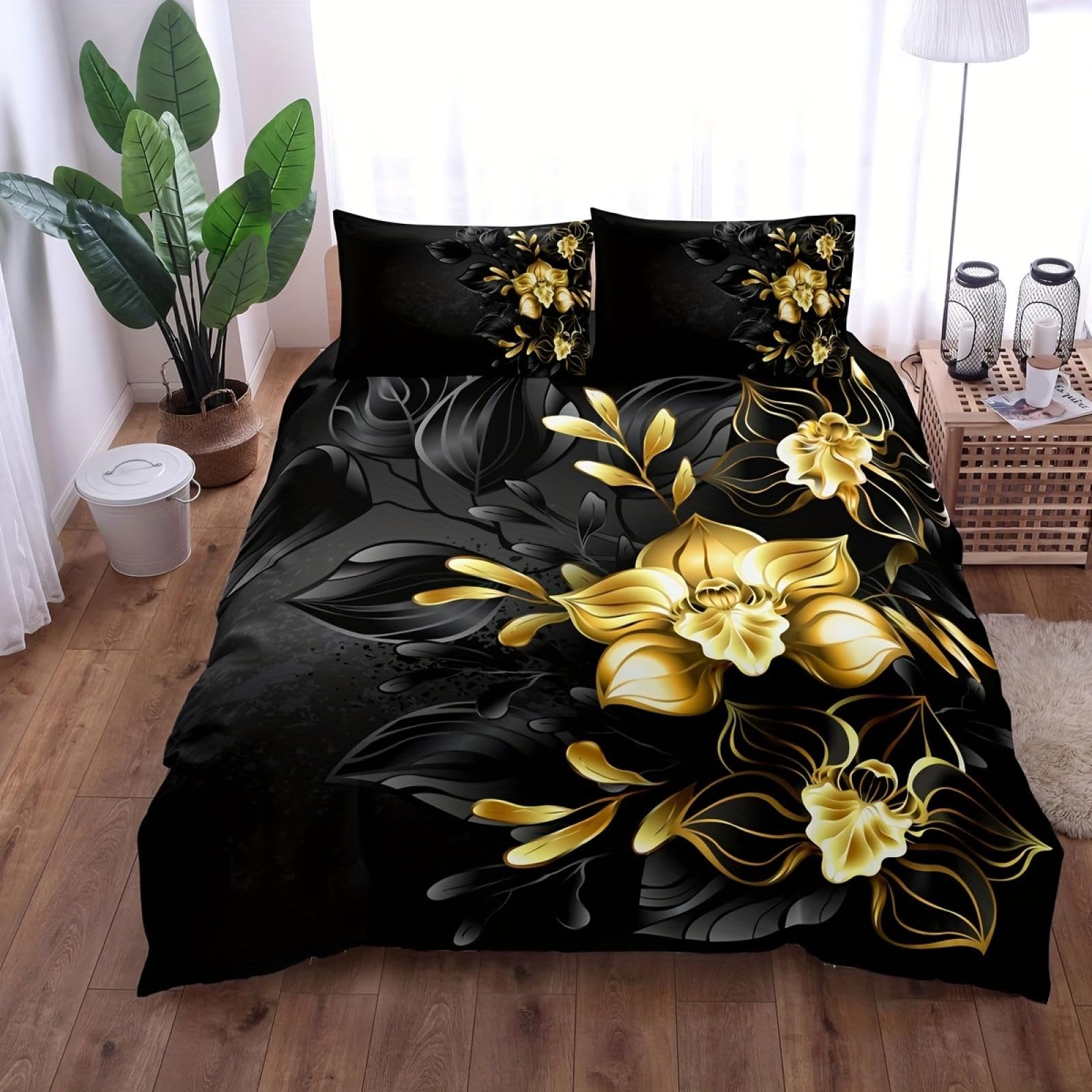 Ensemble de literie chic imprimé floral noir et doré au design raffiné pour suite parentale