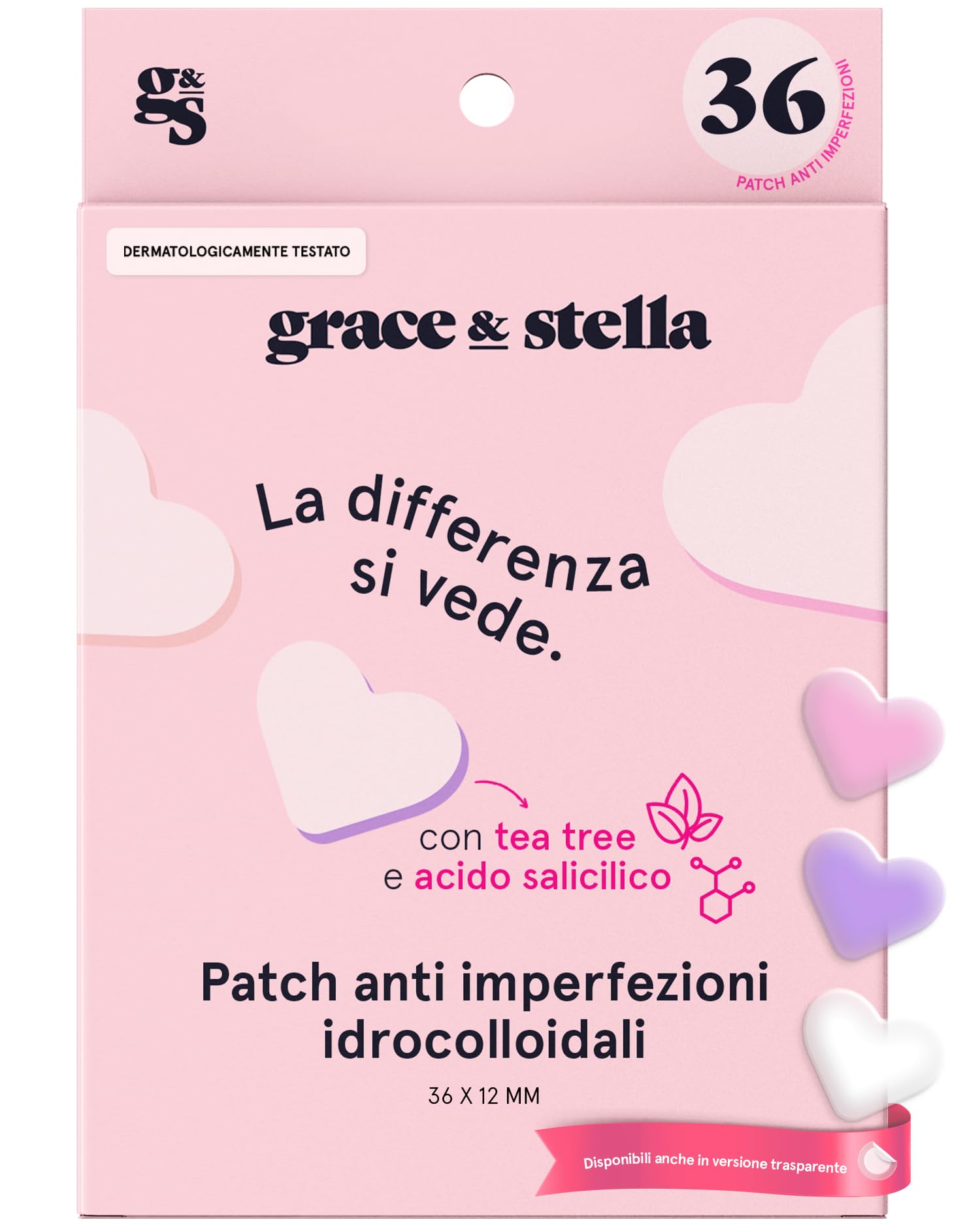 grace & stella Cerotti Idrocolloidali e Anti Imperfezioni Viso - Hydrocolloid Patch Dermatologicamente Testati, Vegan, Cruelty-​Free [Cuore, 36 Pezzi]