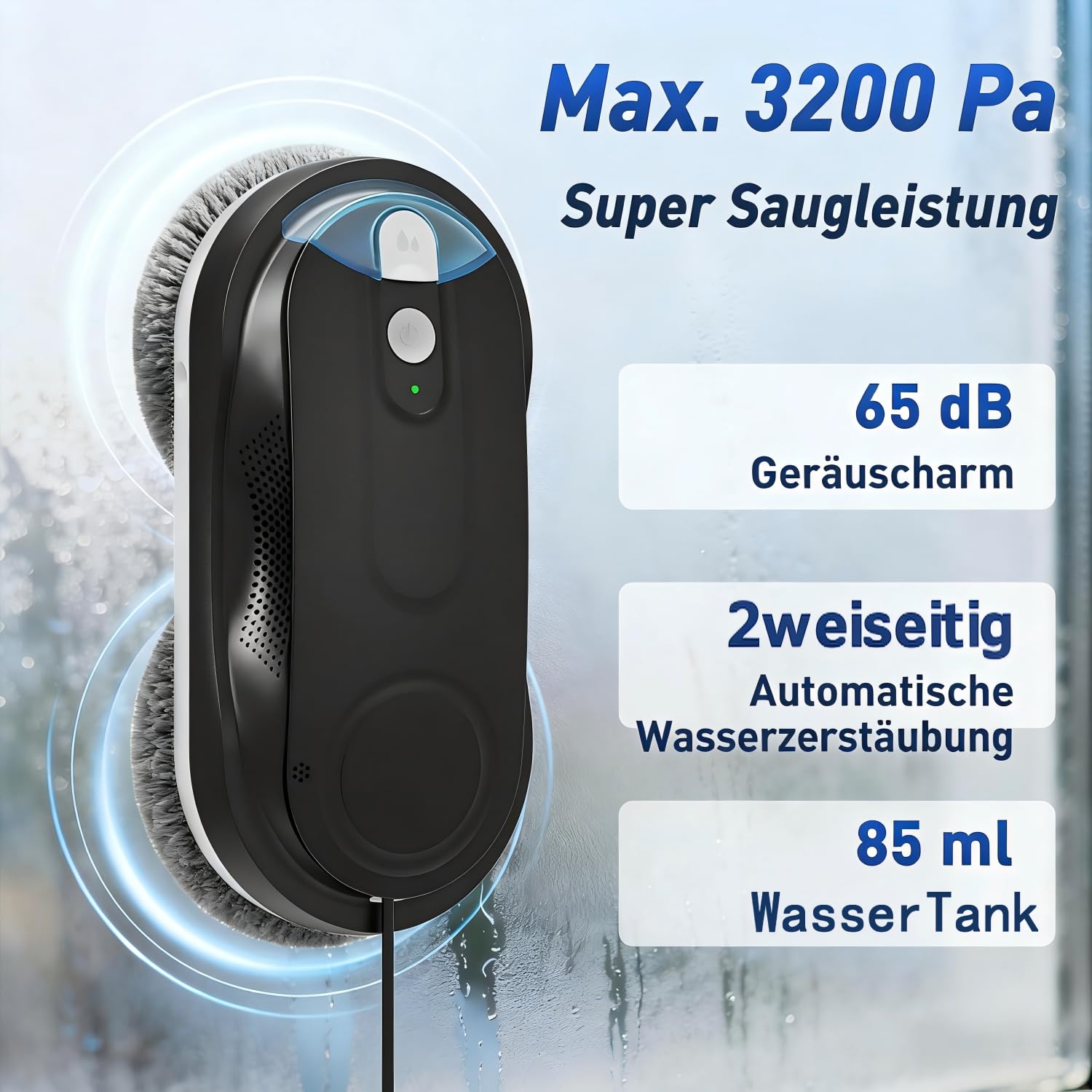 KKI Fensterputzroboter, Automatischer Fensterreiniger,Doppel-Spray,Max 3200Pa,KI-Pfadplanung & Randerkennung, Fernbedienung für Hochgeschoss Fenster, Glas, Tür,8xTücher