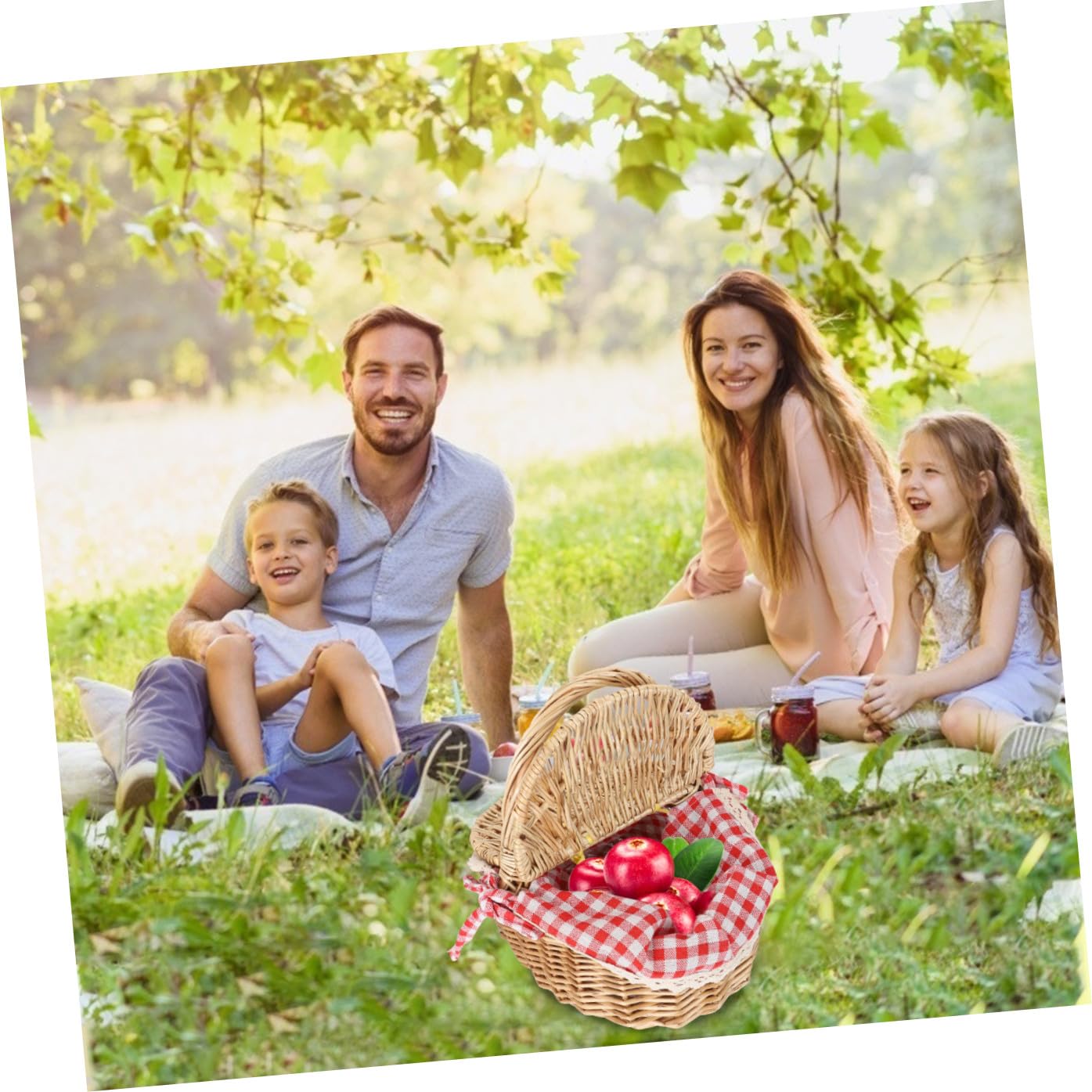 Cesta de Tejido de Mimbre para Picnic al Aire Libre Tapa, Tamaño 26x18x15 Cm, Color Natural Forro Rojo a Cuadros, Cesta Multiusos para Frutas y Alimentos