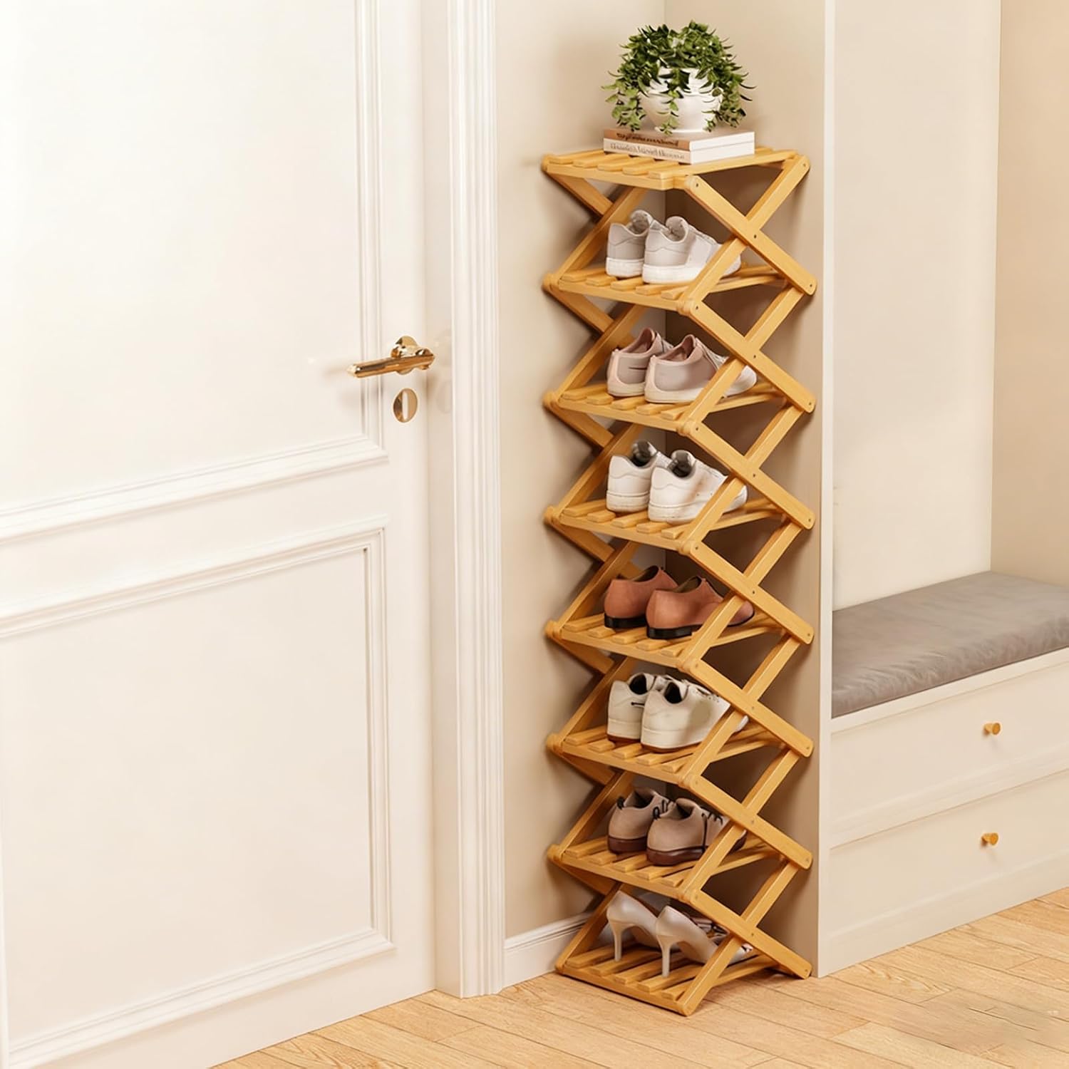 The 9-Tier No-Assembly Bamboo Rack, Foldable Space-Saving Organizer for Shoes, Shoe Organizer 2–9 Tier Options for Entryway and Closet Collapsible Vertical Design (Nature, 8 Tier)