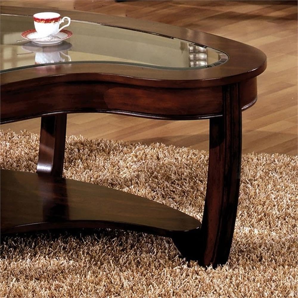 BOWERY HILL Coffee Table, 51" W x 35" D x 19" H, Solid Wood and MDF with Glass Inserts, Dark Cherry Finish, Transitional Style, Elegant Curving Shape, Lower Shelf for Storage, Living Room Furniture