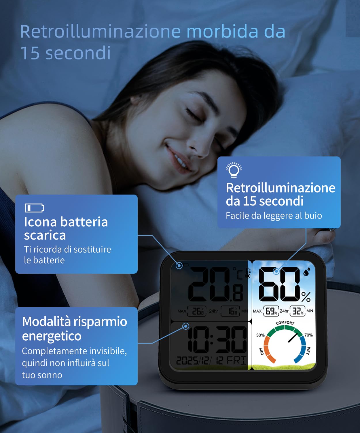 VOCOO Termometro digitale per interni – 5,8 pollici,display extra grande,misuratore di umidità accurato,termometro per ambiente con calibrazione,registrazioni max-Min,comfort,controluce,data (Black)