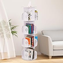 4 Tier Rotating Bookshelf Tower, 360  Spinning Bookcase for Kids & Adults, Floor Standing Bookcase Storage Rack, Plastic Narrow Bookshelf for Bedroom, Living Room, White