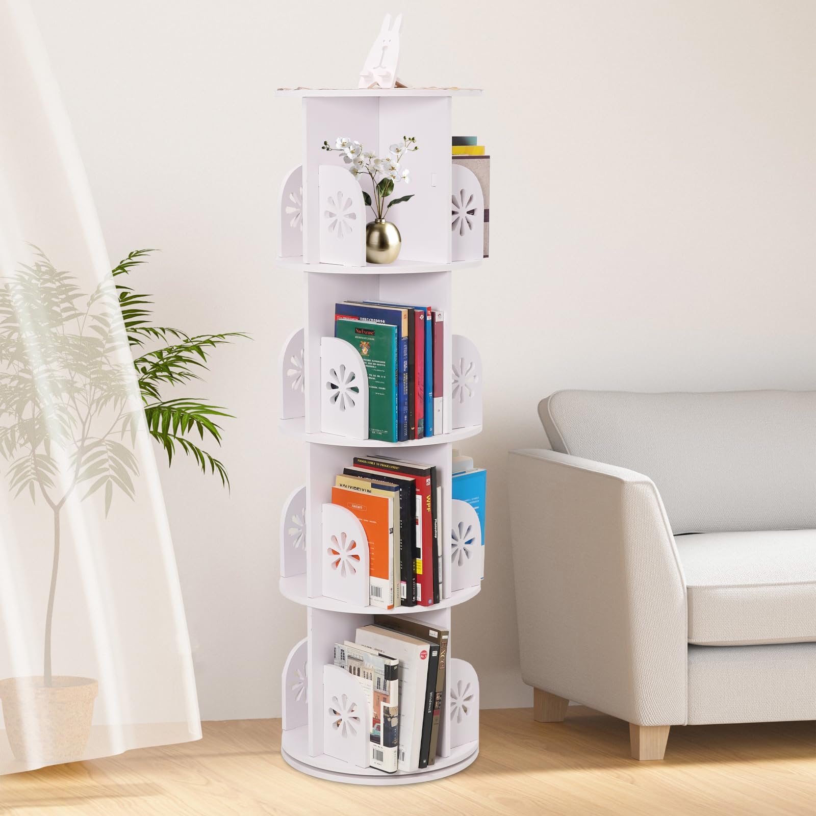 Bibliothèque Tournante 4 Niveaux HOMCOM - 16 Compartiments, Blanc, 39x39x128 Cm, Rangement Salon Bureau - 5