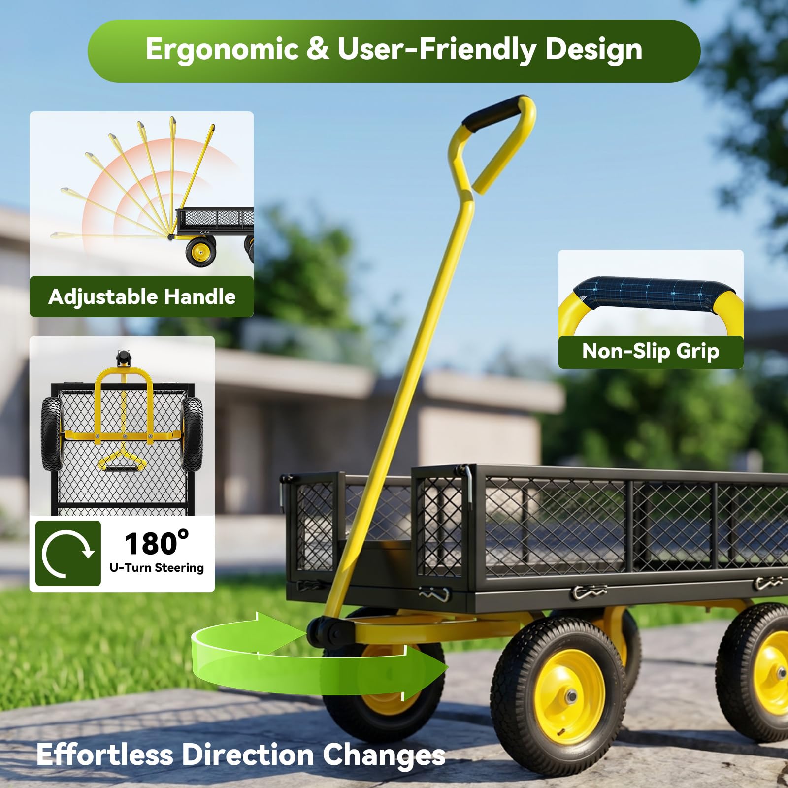 Carrito de jardín (300 kg, 4 ruedas, remolque exterior con asa giratoria 180° y laterales desmontables
