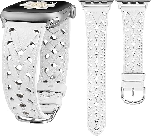 Wearlizer Correa de cuero compatible con Apple Watch Band de 414038444546491.654 in para mujeres y hombres, correa trenzada ahuecada y elegante para