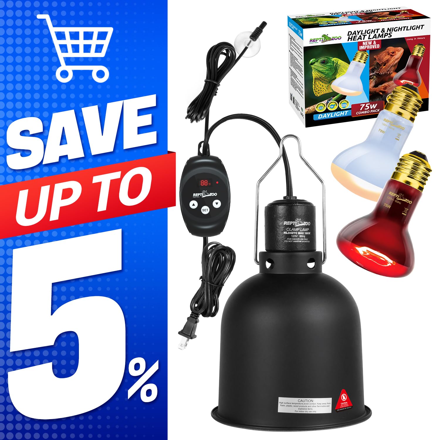 REPTI ZOO 5.5 Inch Deep Dome Reptile Light Fixture with Dimming Heat Lamp Temperature Controller & 75W Reptile Heat Lamp Infrared Heat Emitter Red Heat Lamp and UVA Daylight Basking Spot Light