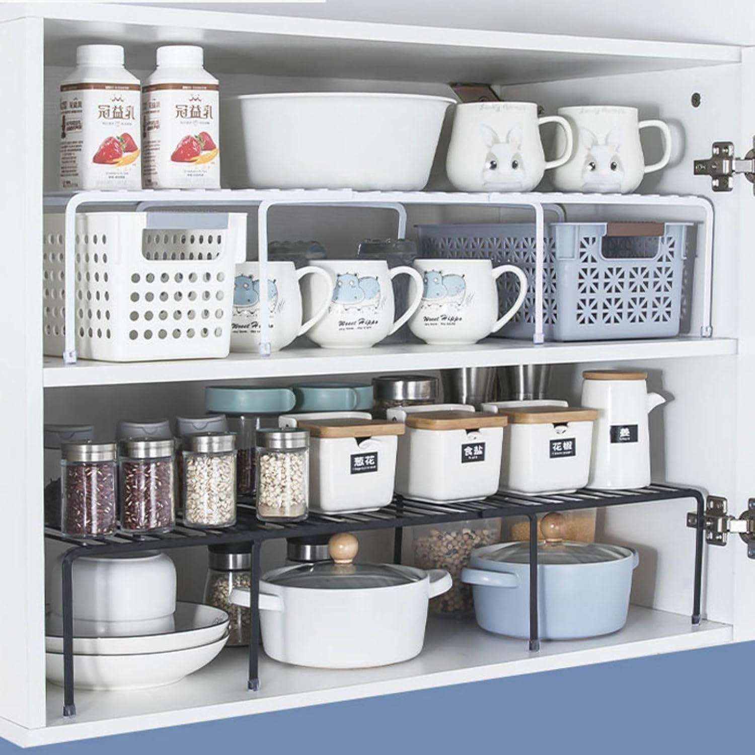 bangminda Kitchen Cabinet Expandable Shelf Organizers Set of 3, 6- Piece Adjustable Wire Shelf Rack Metal Wire Pantry Storage Shelves for Cupboard, Counter, Freezer, Countertop