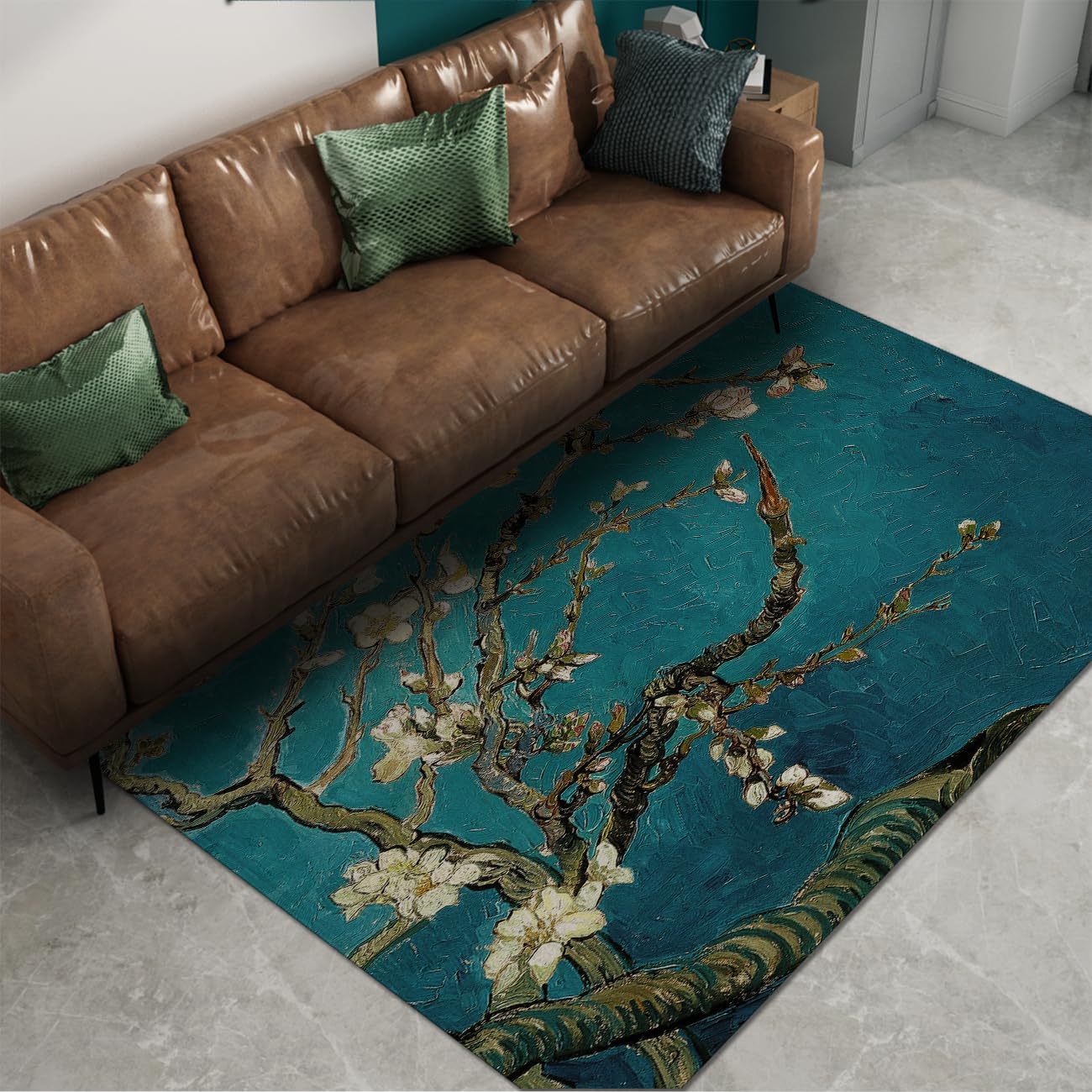Tapis 120x150 de plantes vintage bleu lavable pour deco salon