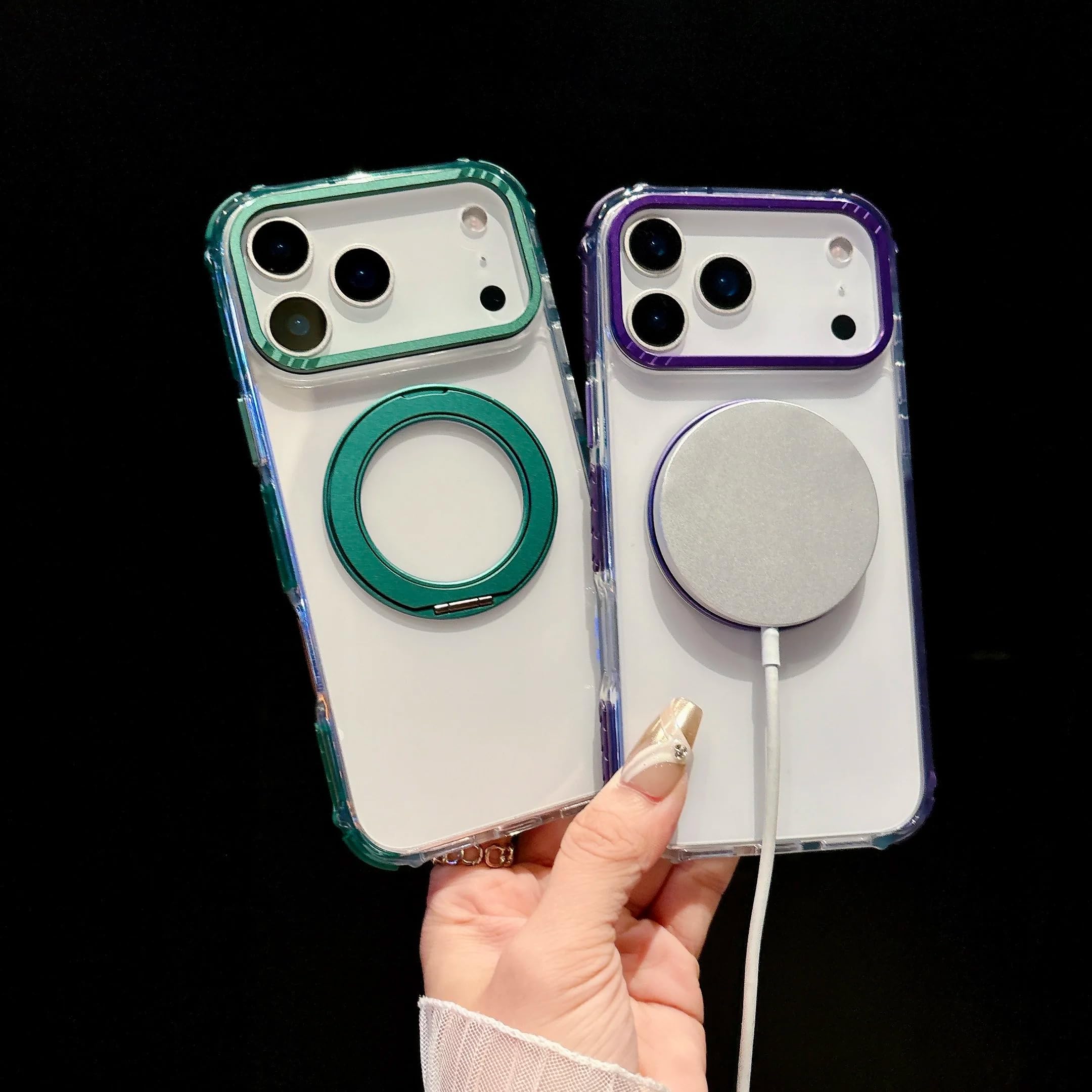 Coque magnétique Transparente pour iPhone 15 Pro avec Support Rotatif à 360° et béquille intégrée (pour iPhone 15 Pro/Noir)
