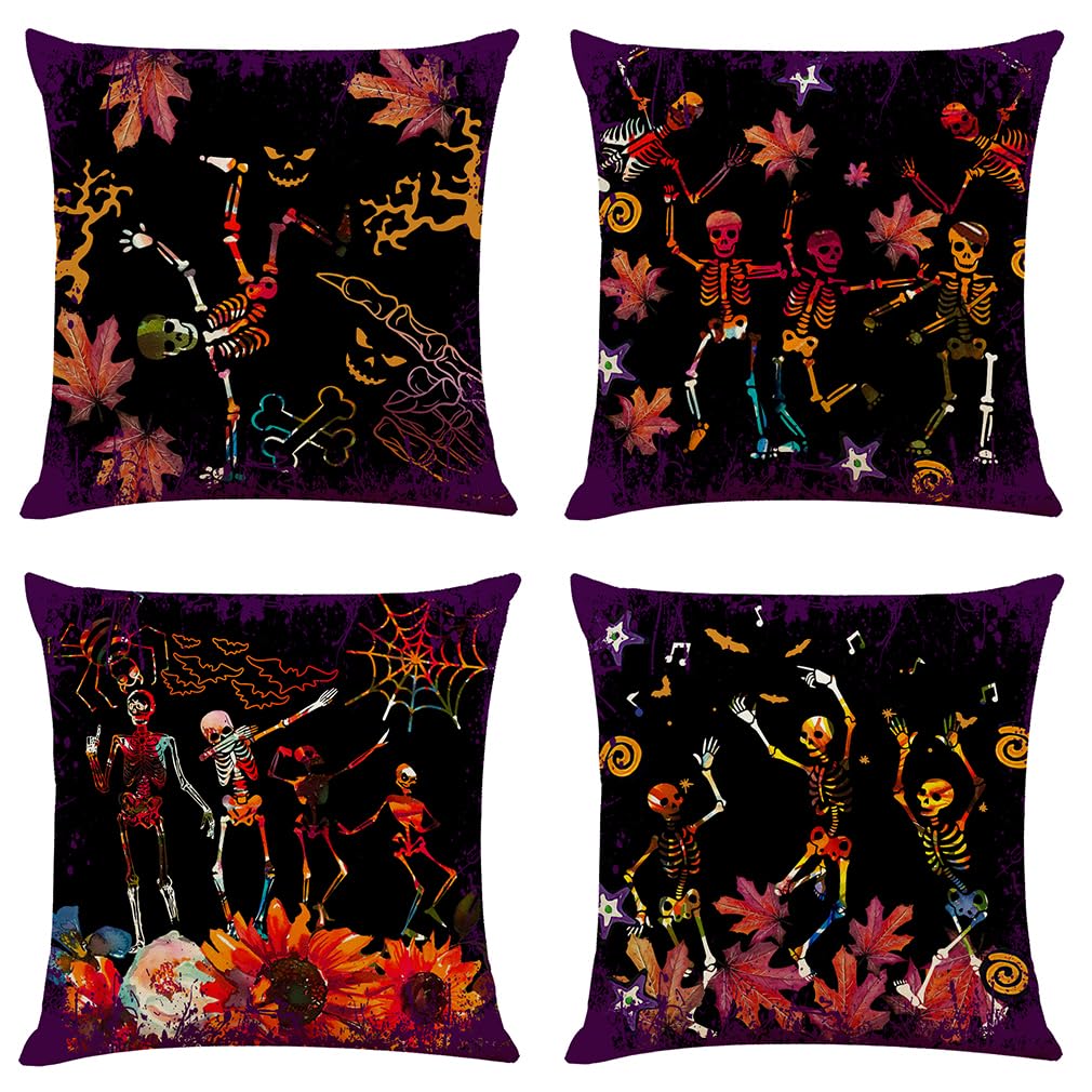 Prk 14 Black Cushion Covers 4 Pcs Halloween Pillow Throws For Livingroom Bedroom Skeletons Dancing Skulls Evil Couples Sofa Horror Scary Pillowcase Set 45 X 45Cm