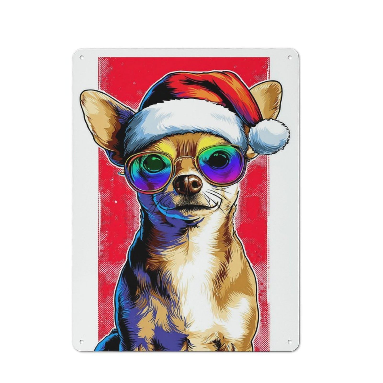 Junmoney Chihuahua In Santa Hat Metal Wall Sign 40X30cm Featuring For Garage Or Workshop, For Vintage Wall Decor Fans, For Metal Sign Collectors