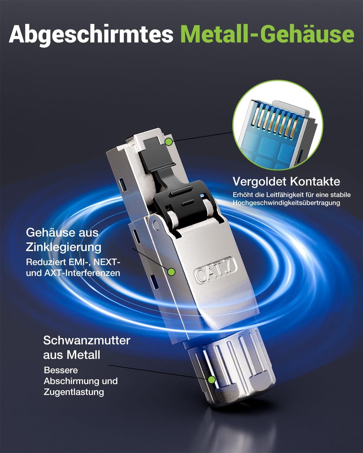 Lan - Connettore Cat 7 senza attrezzi, 10 Gbps 600 MHz, placcato oro, RJ45, senza attrezzi POE per Cat7 Cat6A, cavo di collegamento schermato, cat7, senza attrezzi, riutilizzabile, 24 pezzi