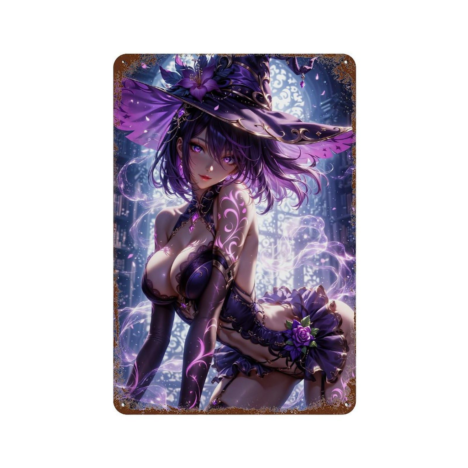 Purple Witch Anime Fantasy 11.8"x7.9" Retro Metal Sign, Shabby Chic Decor for Garage, Bar And Workshop Decor