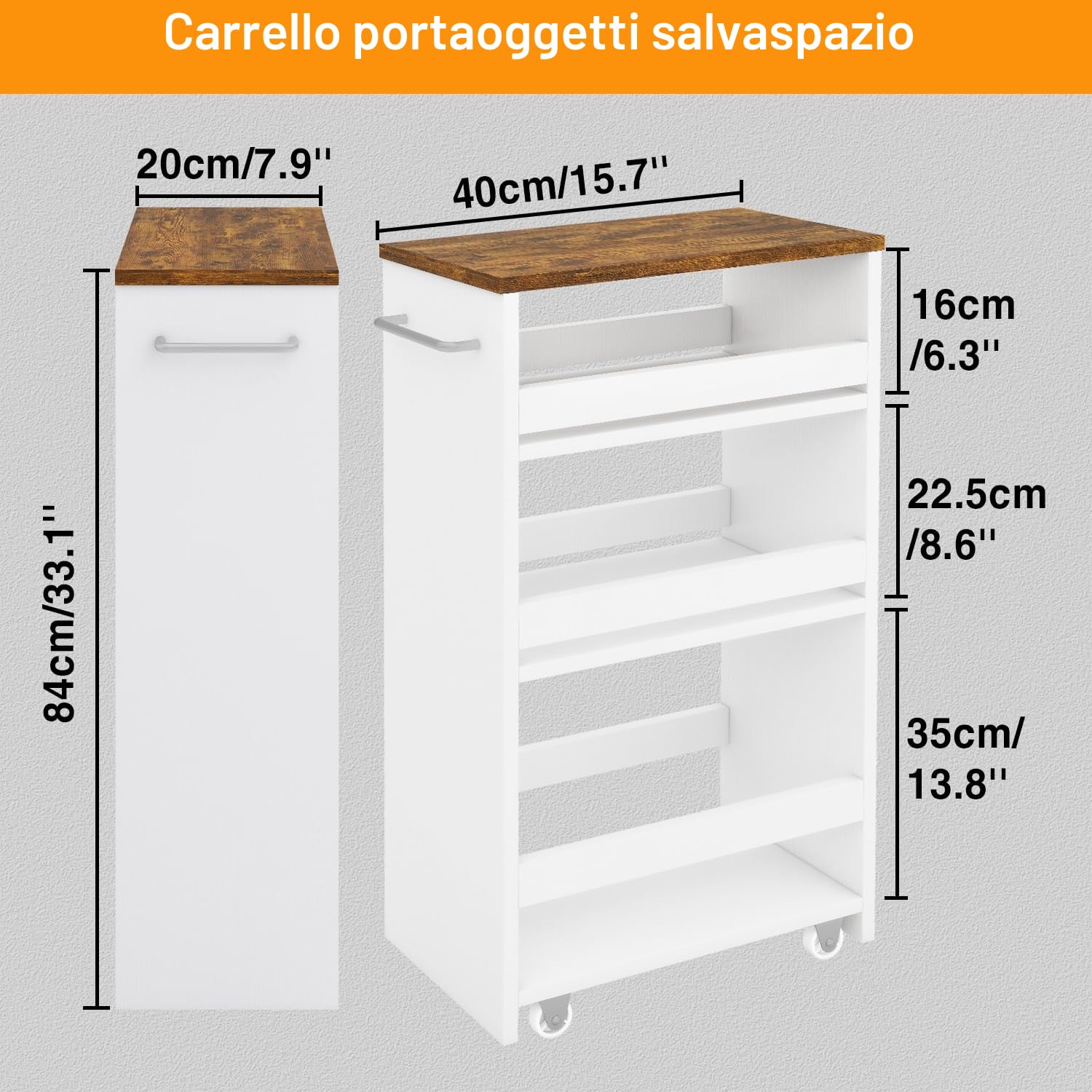 IBUYKE Carrello Portaoggetti a 4 Ripiani, Carrello Cucina Salvaspazio con Maniglia, Carrellino Bagno Slim con Ruote,Montaggio Facile, in Cucina, Bagno,Salvaspazio,40x20x85 cm,Bianco WST005W-L